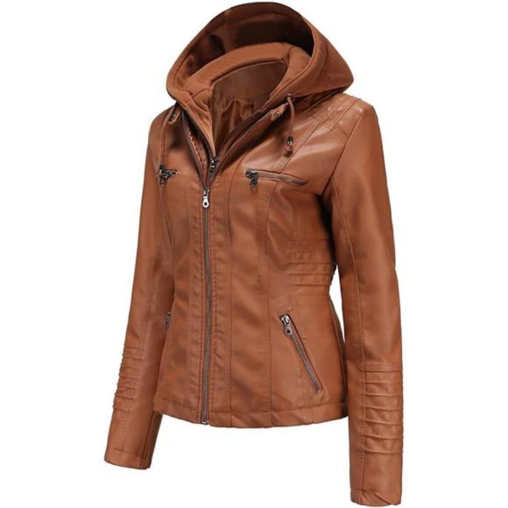 Faux Leather Jacket Women Motorcycle Coat with Removable Hood Plus Size